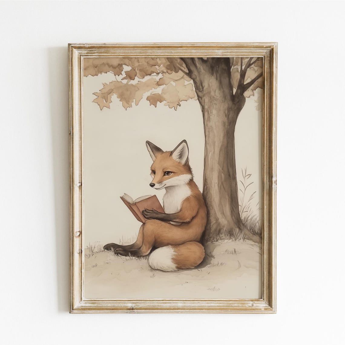 Red Fox Reading Book Leaning Against Tree Autumn Watercolor Poster