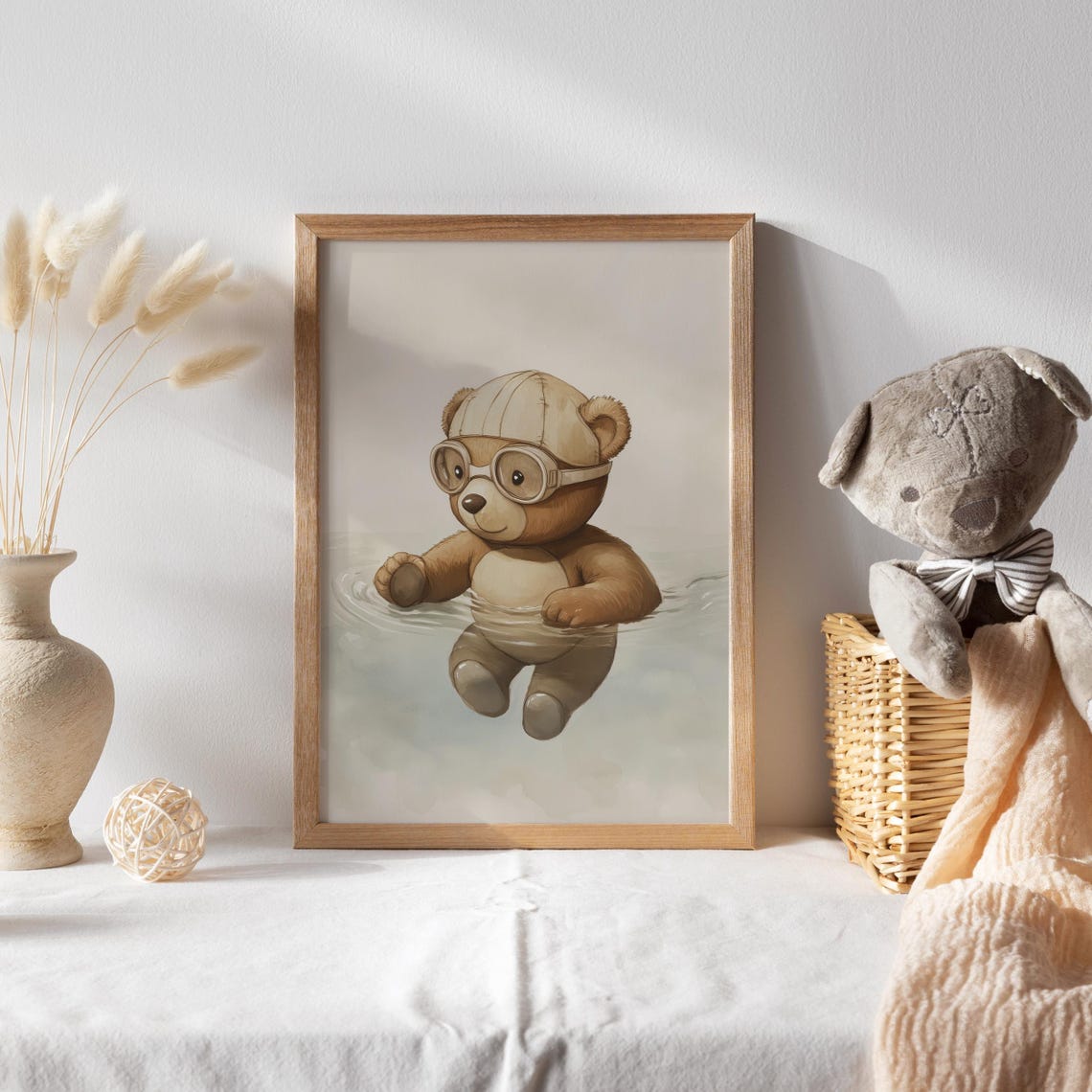Teddy Bear Swimming with Goggles and a Swim Cap in Water Poster - Image 2