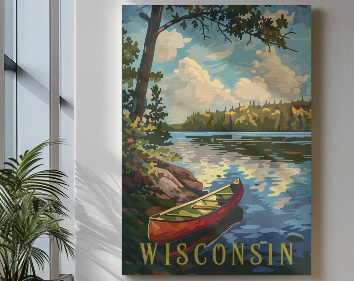 Wisconsin Northwoods Lake with Red Canoe Vintage Travel Poster
