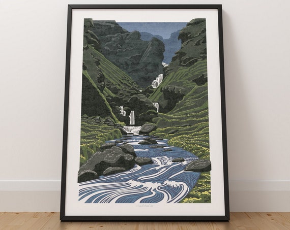 Iceland Uxaftafoss Waterfall Landscape Travel Poster