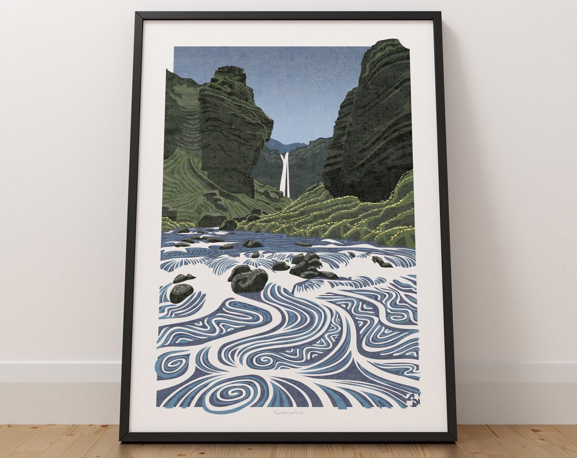 Iceland Kvernufoss Waterfall, Scandinavian Travel Poster