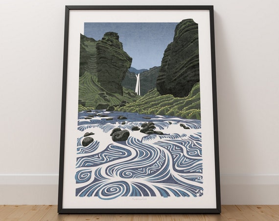 Iceland Kvernufoss Waterfall, Scandinavian Travel Poster