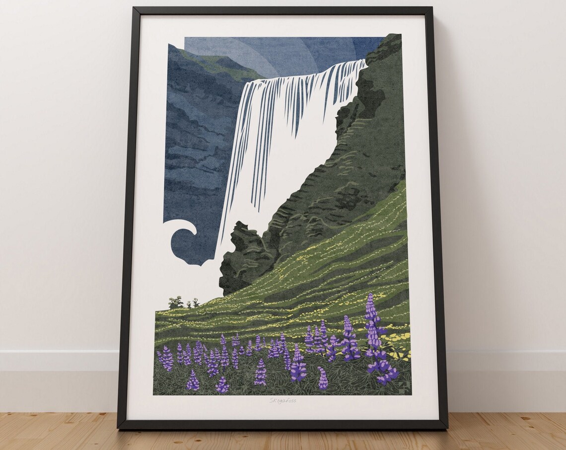 Skogafoss Waterfall Travel Poster, Icelandic Landscape
