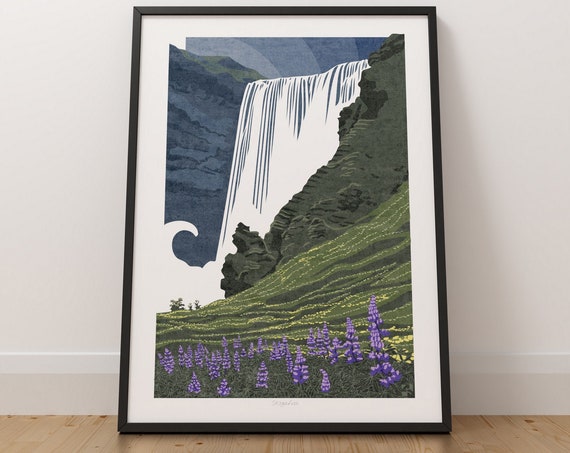 Skogafoss Waterfall Travel Poster, Icelandic Landscape