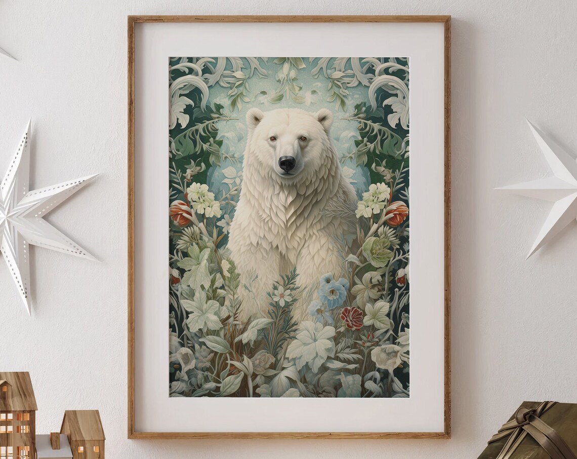 Polar Bear Among Frosted Winter Botanicals in Icy Blue Art Print - Image 4