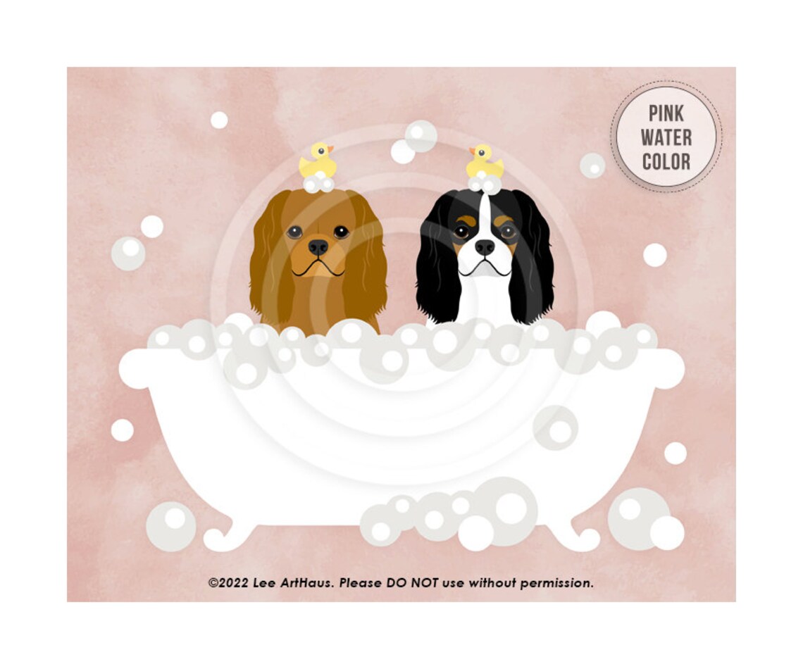 Two Cavalier King Charles Spaniels Pink Bubble Bath Tub Poster