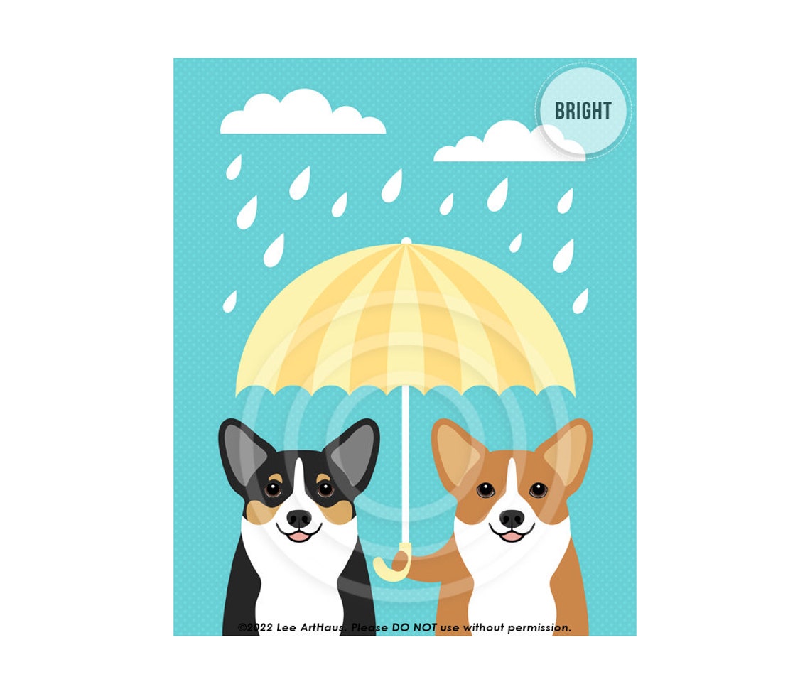Two Corgis Sharing Yellow Umbrella Rainy Day Gray Funny Dog Poster - Image 2