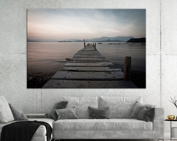 Wooden Pier Print Foggy Lake Art Lake Landscape Pier Print Lake Dock Art Extra Large Office Wall Art