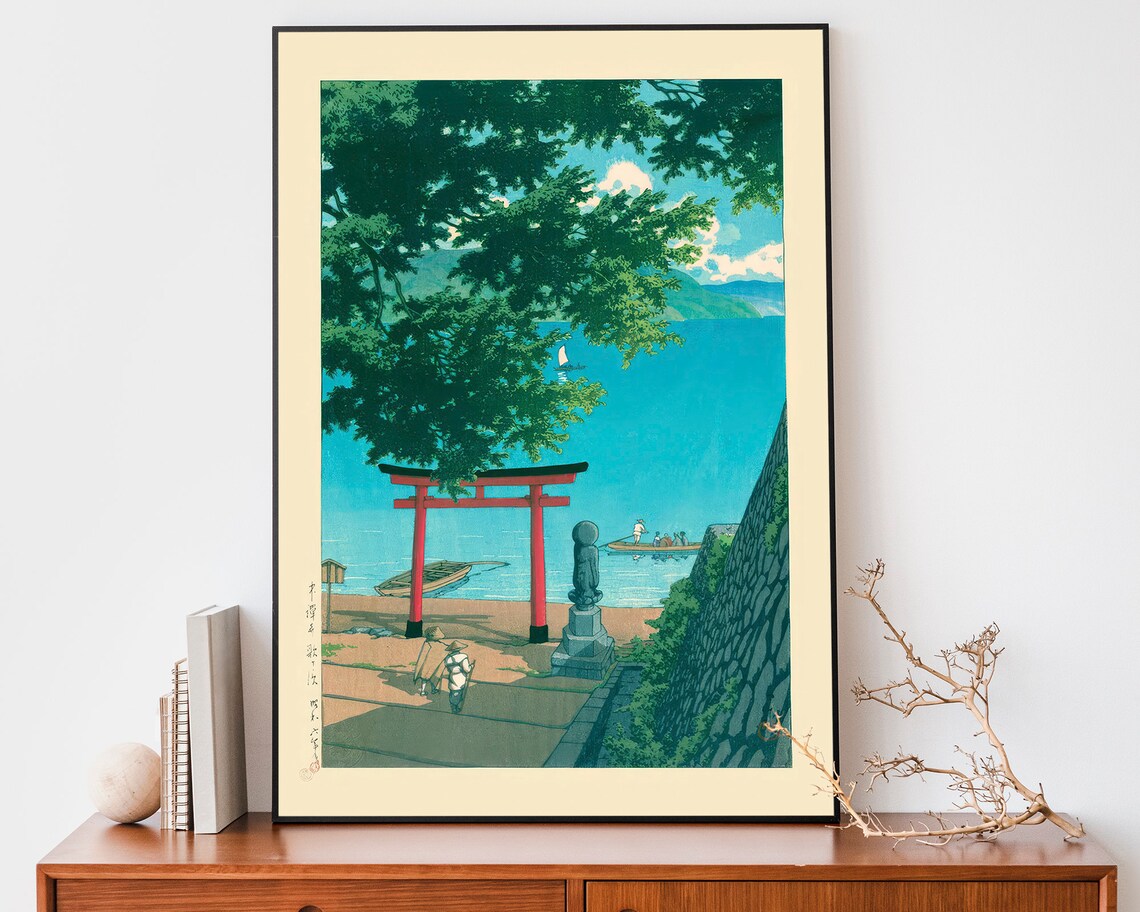 Kawase Hasui Lake Chuzenji Red Torii Gate Boats Vintage Woodblock Art Poster