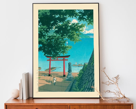 Kawase Hasui Lake Chuzenji Red Torii Gate Boats Vintage Woodblock Art Poster