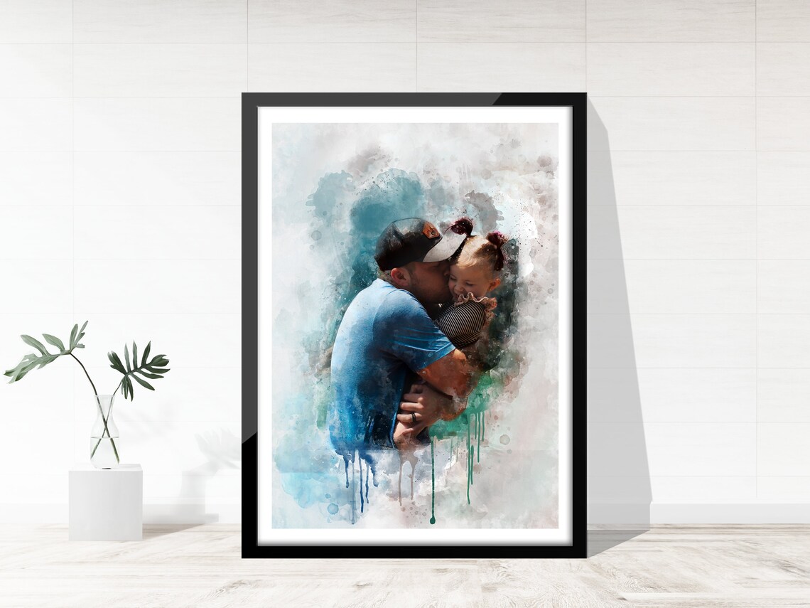 Father Daughter Hug Watercolor Portrait Custom Blue Splash Family Art Poster