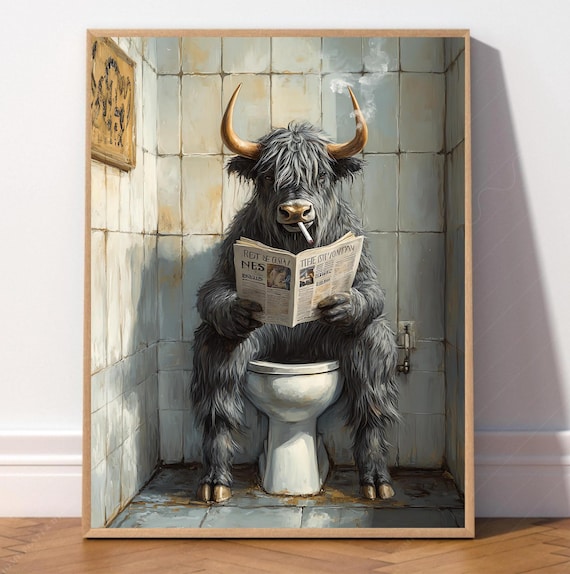 Highland Cow On The Toilet With Newspaper Funny Bahtroom Art Black Prints Housewarming Gift Retro Decor