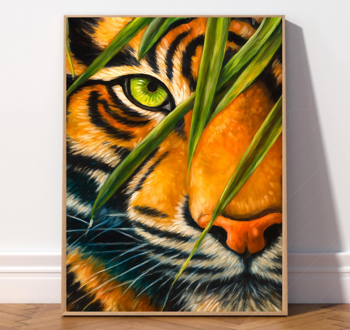 Majestic Tiger Eye Close Up Through Jungle Leaves Wildcat Poster