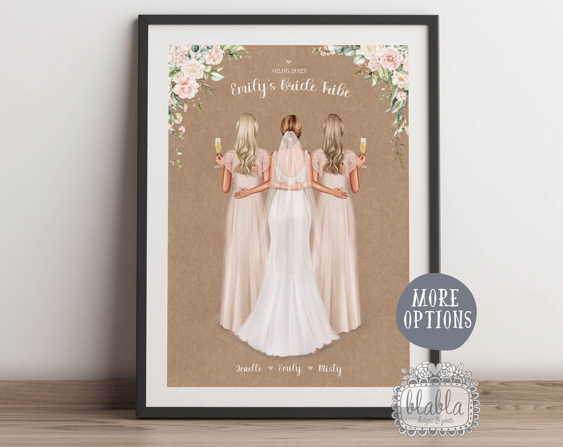Personalised Bride Tribe Poster With Bride and Two Bridesmaids Kraft