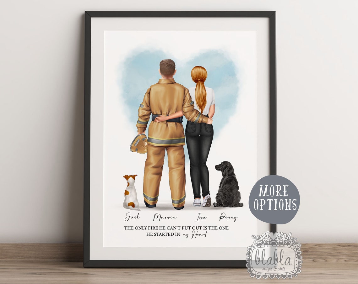 Firefighter Couple With Two Dogs Funny Love Quote Keepsake Poster
