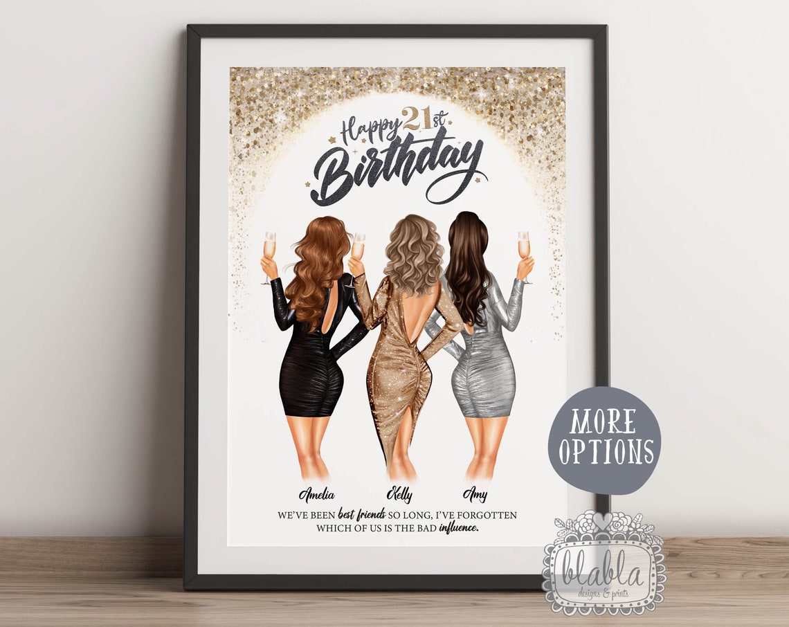 Personalised Happy 21st Birthday Poster Three Best Friends Champagne