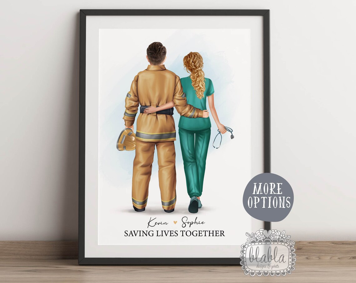 Nurse and Firefighter Personalized Couples Poster Print