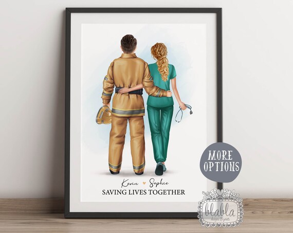 Nurse and Firefighter Personalized Couples Poster Print