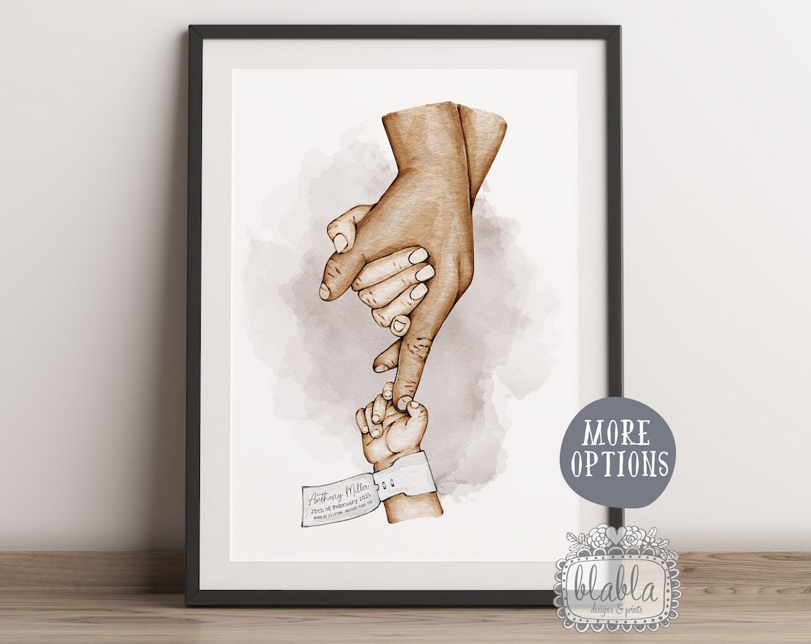 Watercolour Mother And Baby Hands Birth Detail Keepsake Print - Image 2