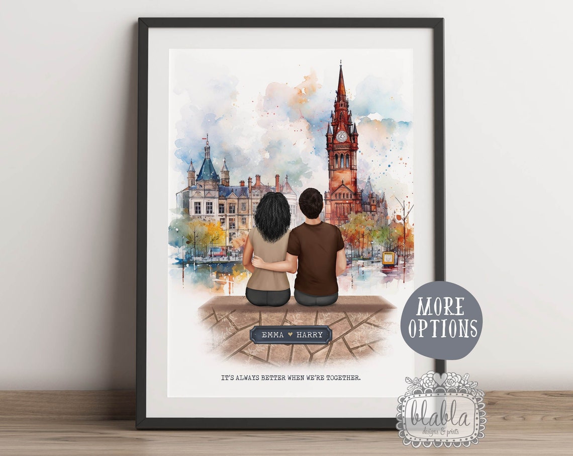UK City Watercolour Couple Clock Tower Personalised Keepsake Print