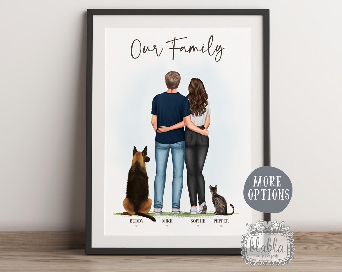 Our Family Personalized Couple with Dog and Cat Portrait Wall Poster