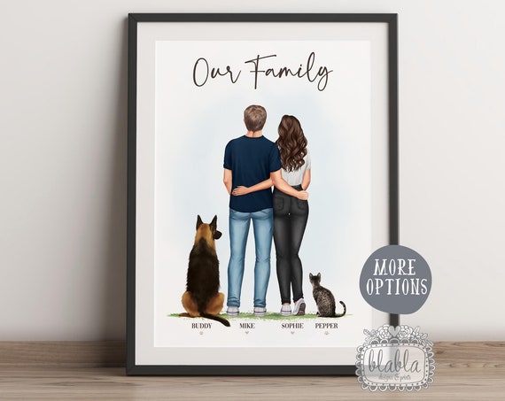 Personalised Couple With Pets Gift Our Family Gift Couple And Pet Personalised Family Illustration Anniversary Gift Gift For Couple