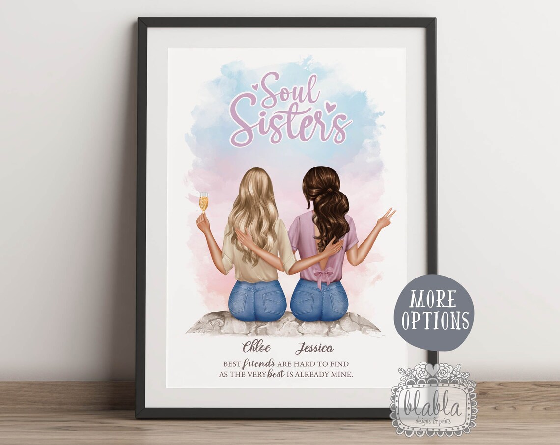 Personalised Soul Sisters Best Friends Watercolor Pastel Dreamy Poster