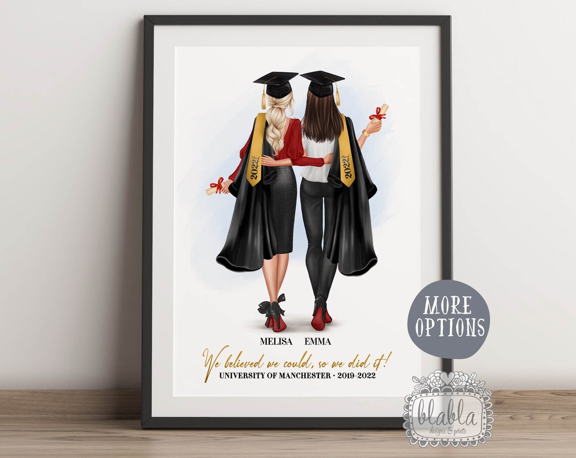 Personalised Two Best Friends Graduation Gown Portrait Print