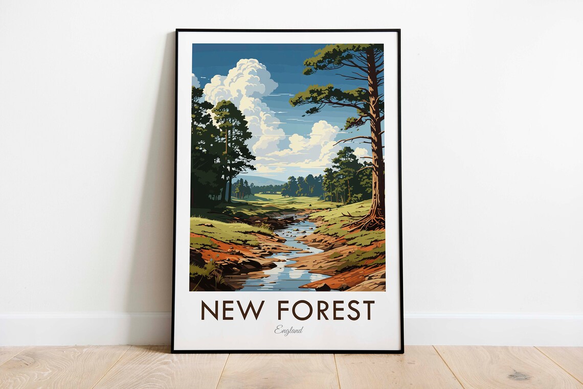 New Forest England Pine Woodland Stream Vintage Travel Poster