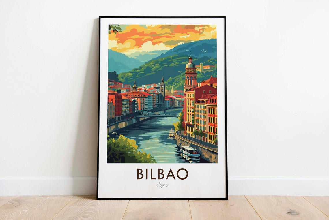 Bilbao Spain Vintage Riverside Old Town Skyline Travel Art Poster