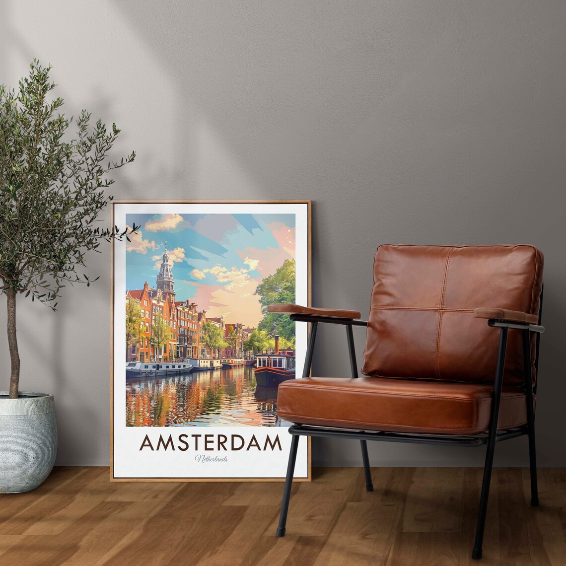 Amsterdam Netherlands Canal Houseboats Sunset City Travel Poster