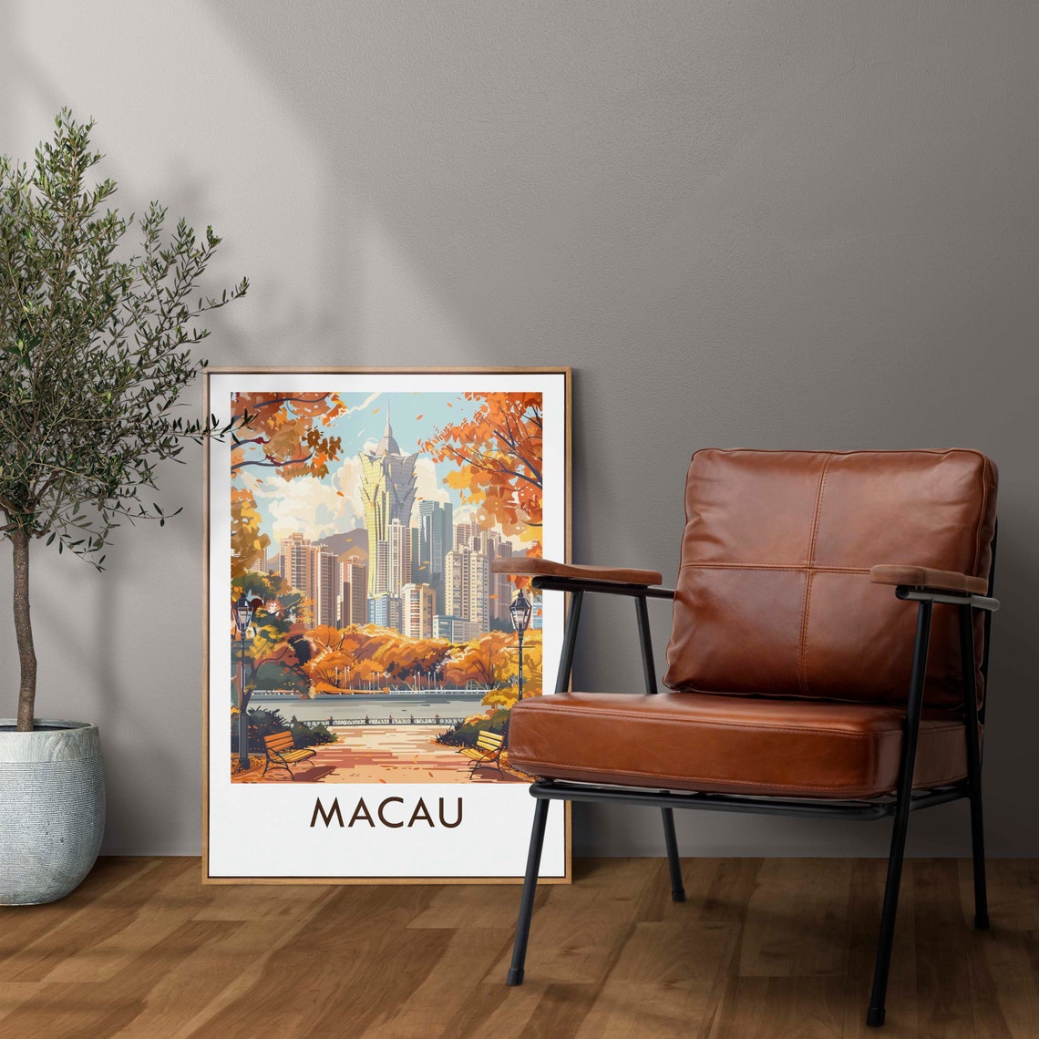 Macau China Autumn Park Skyline Fall Trees Benches Travel Poster