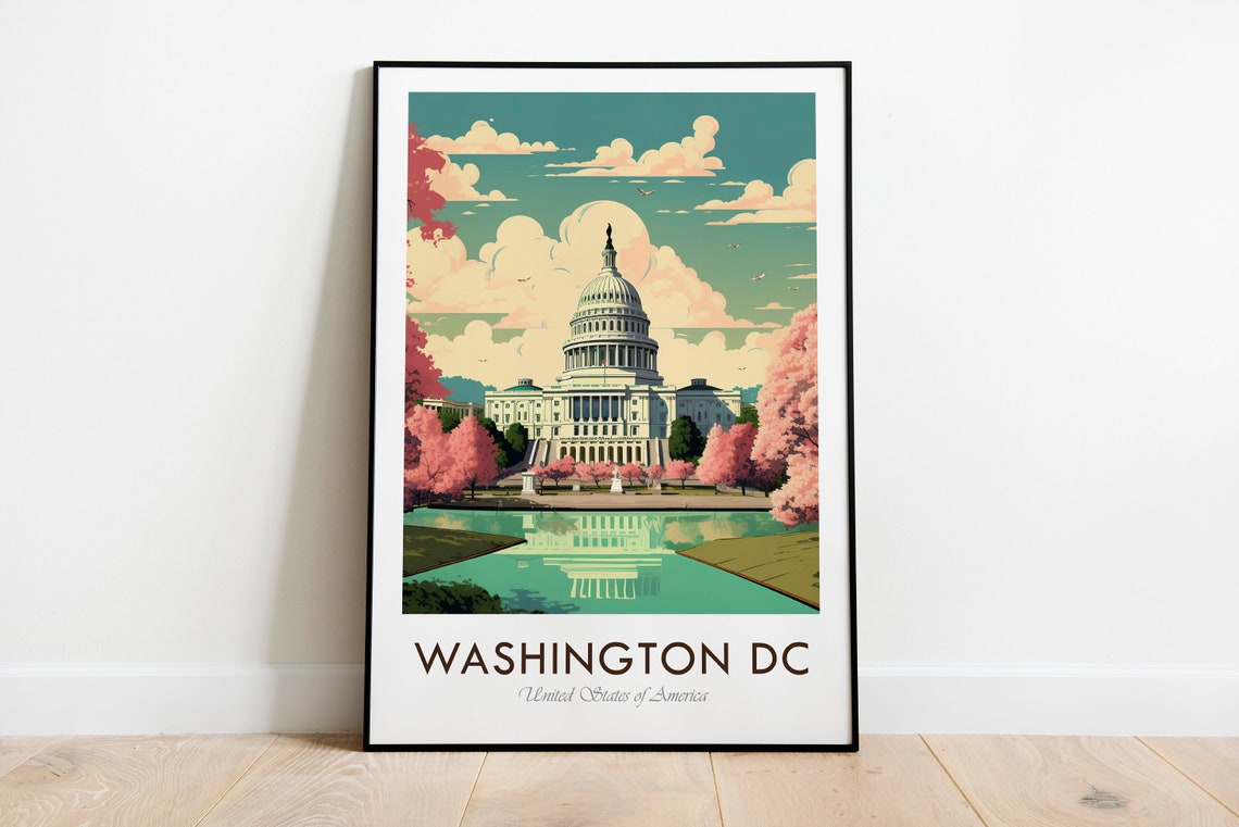 Washington DC Capitol Dome Cherry Blossoms Spring Vintage Poster