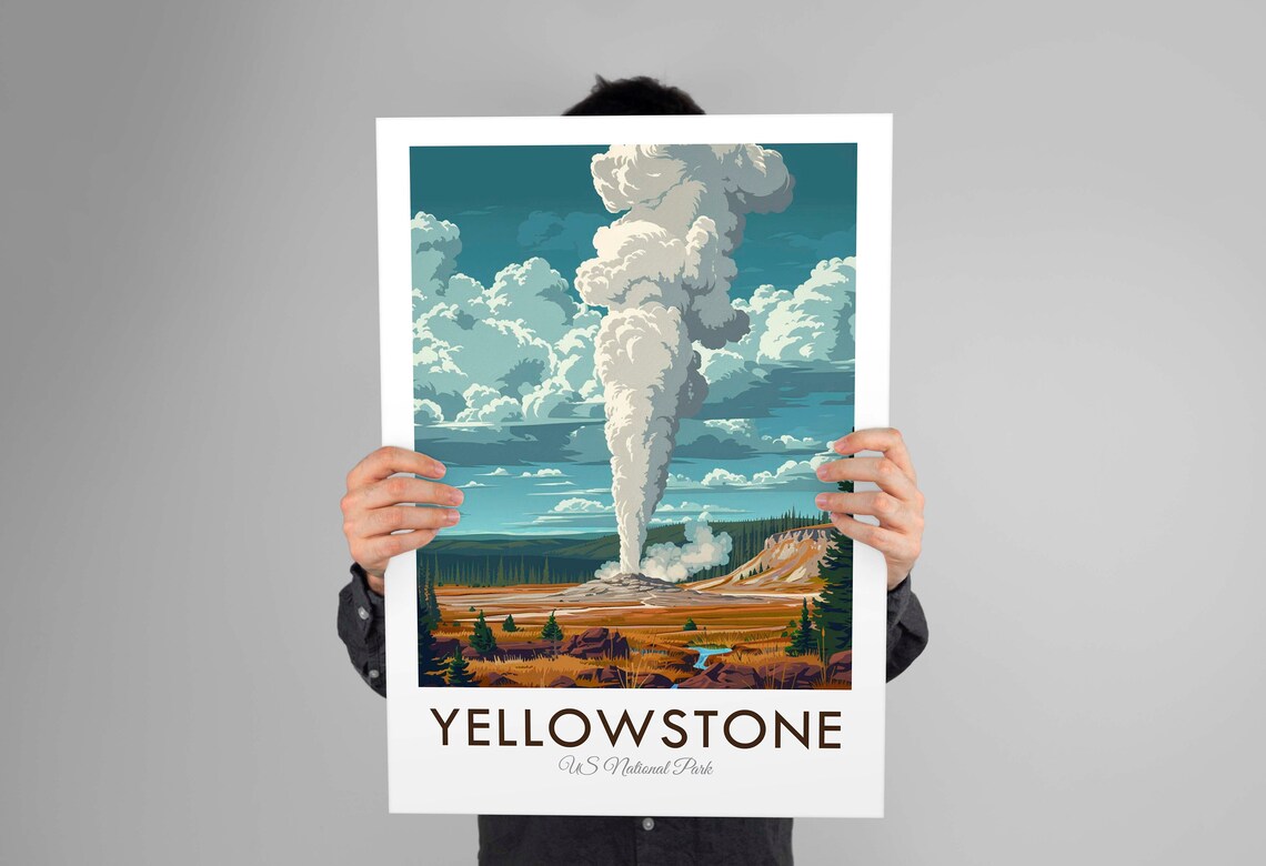 Yellowstone National Park Geyser Eruption Retro Illustration Poster - Image 2