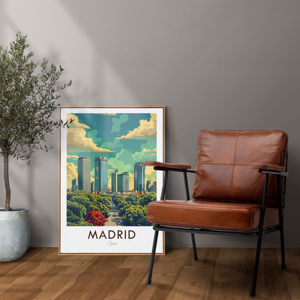 Madrid Spain Modern Skyscraper Skyline Teal Sky Travel Poster - Image 3