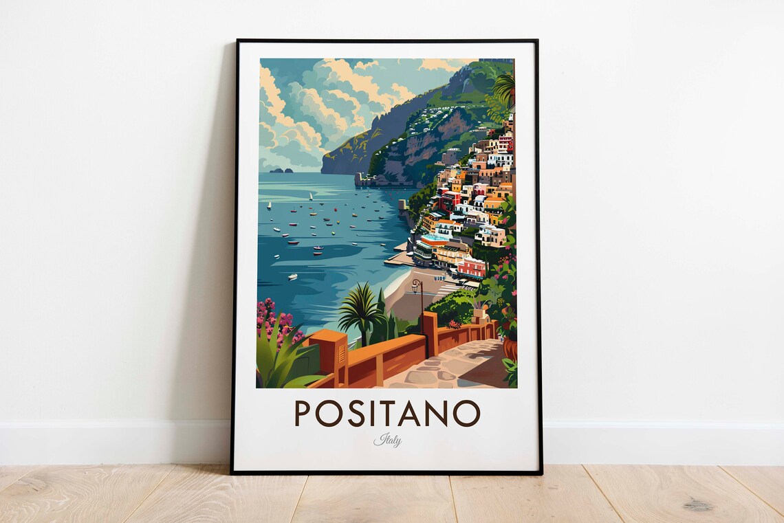 Positano Amalfi Coast Italy Vintage Travel Cliffside Art Poster