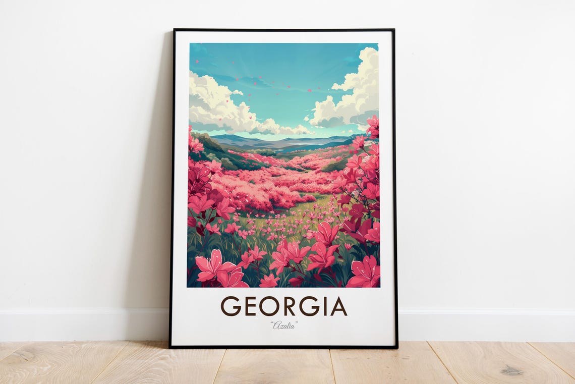 Georgia Azalea Pink Flower Fields Rolling Hills Vintage Travel Poster