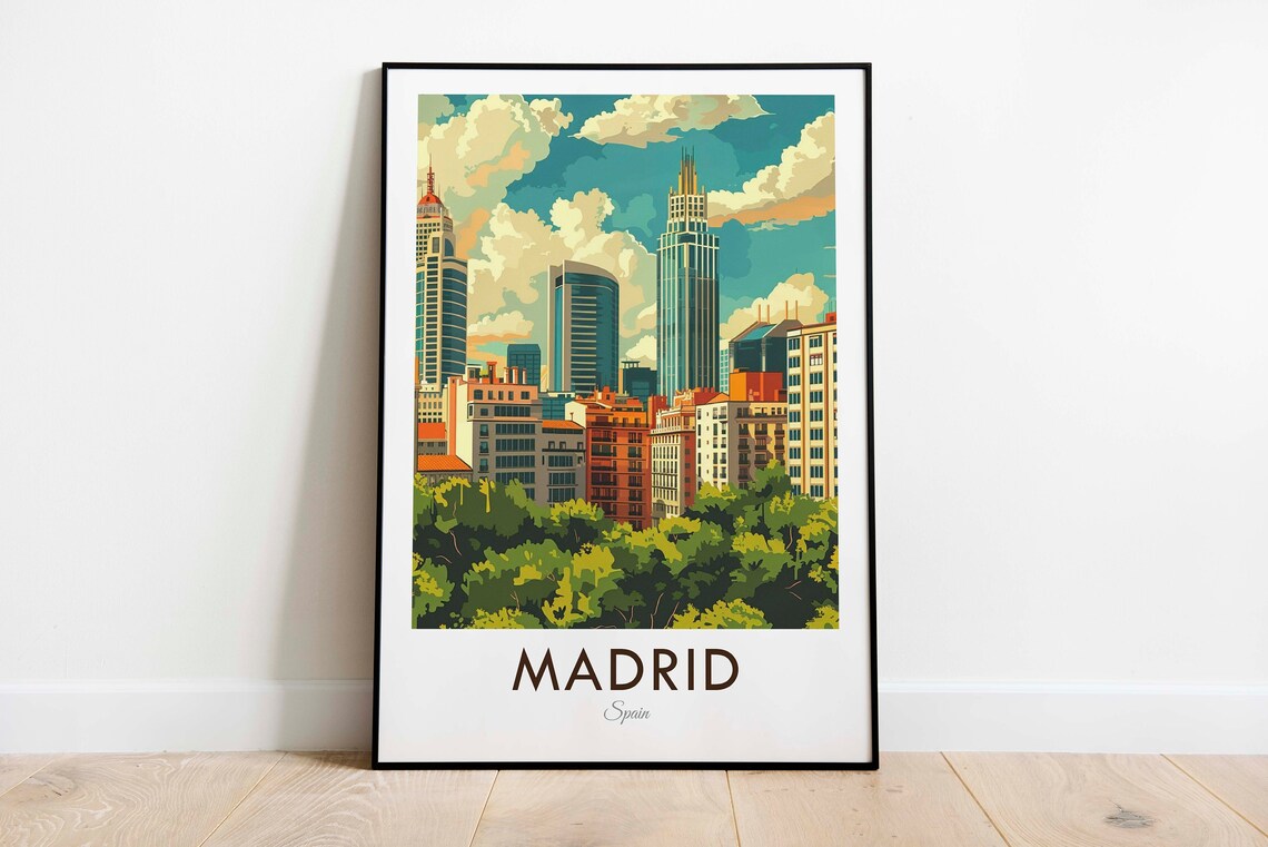 Madrid Spain Downtown Towers Green Treetops Vintage Travel Poster