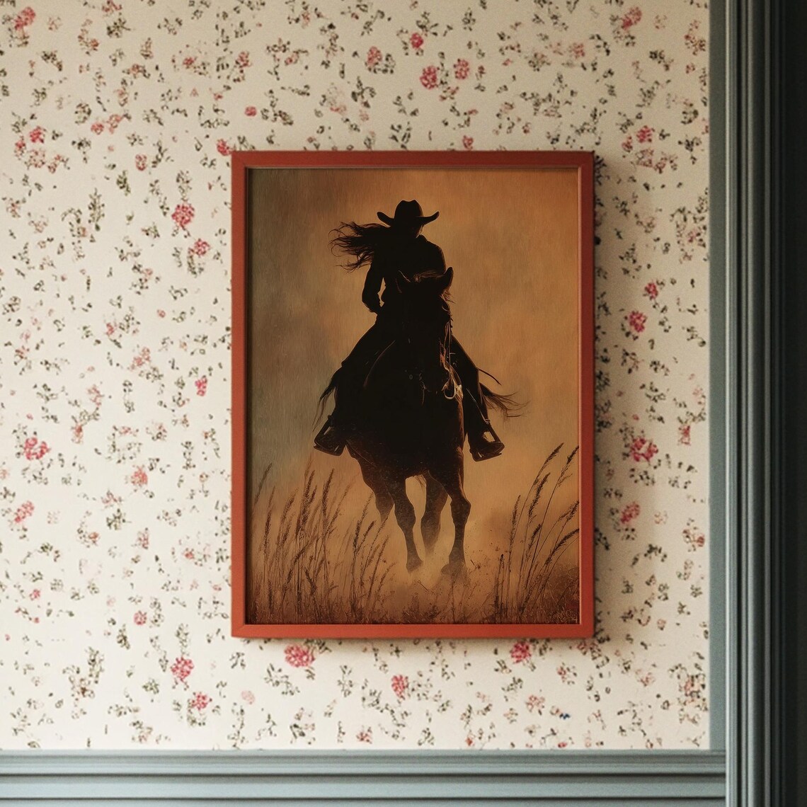 Cowgirl Silhouette Riding Horse at Sunset Western Art Poster