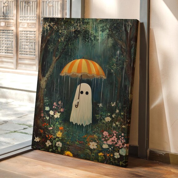 Whimsical Ghost In Rain With Umbrella Vintage Forest Scene Poster