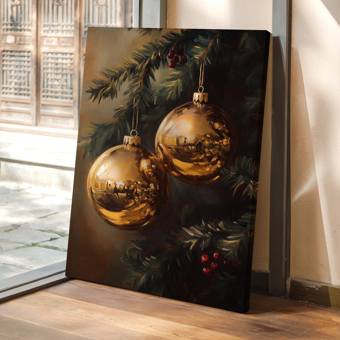 Gold Christmas Ornaments On Pine Branch With Red Berries Poster
