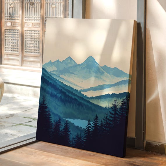 Blue Mountain Forest Canvas Wall Art Peaceful Nature Landscape Print With Pines Misty Valley Snowy Peaks For Cabin Or Modern Decor