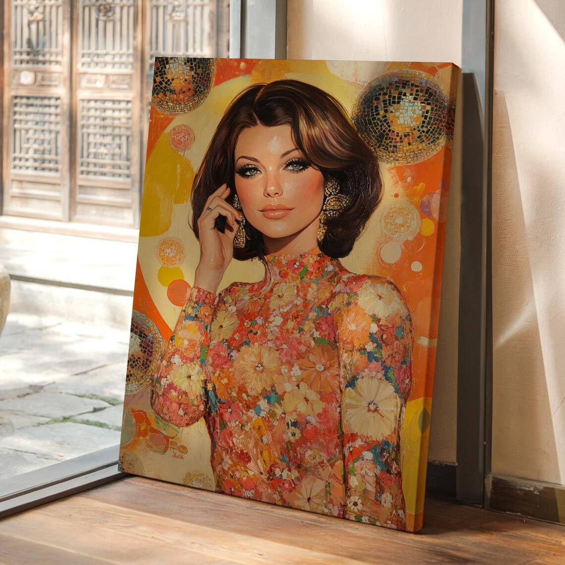 Retro Disco Portrait Of Glamorous Woman Floral Dress 70s Art Poster