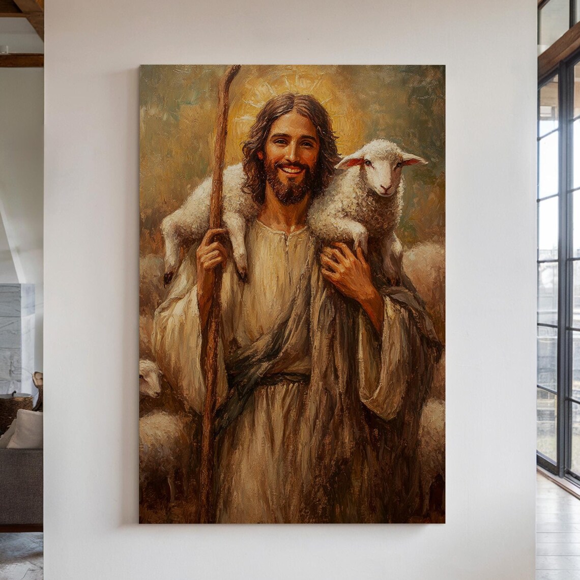 Smiling Good Shepherd Jesus Staff Lamb Shoulders Faith Poster