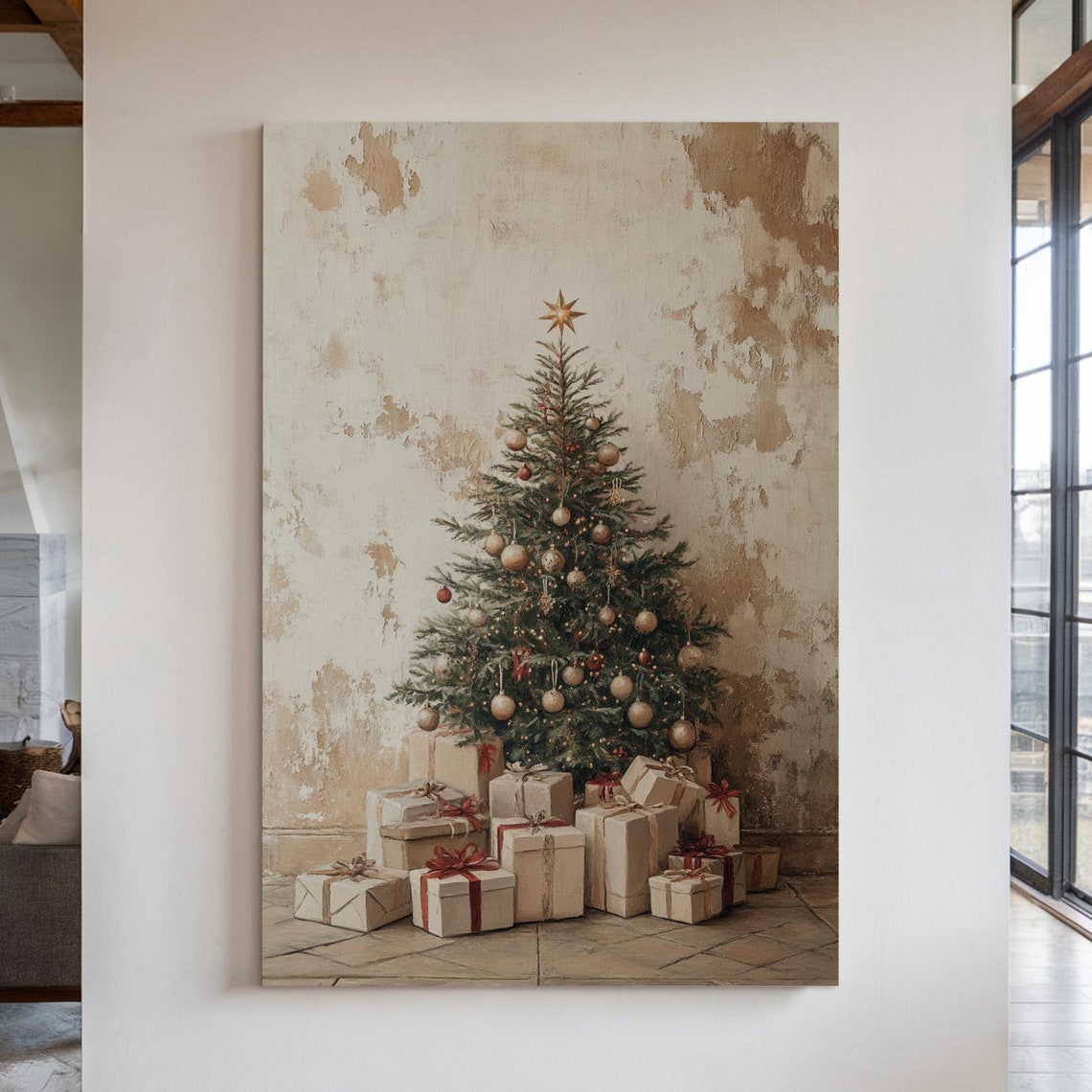Classic Rustic Christmas Tree Red Ribbons Gifts Holiday Poster