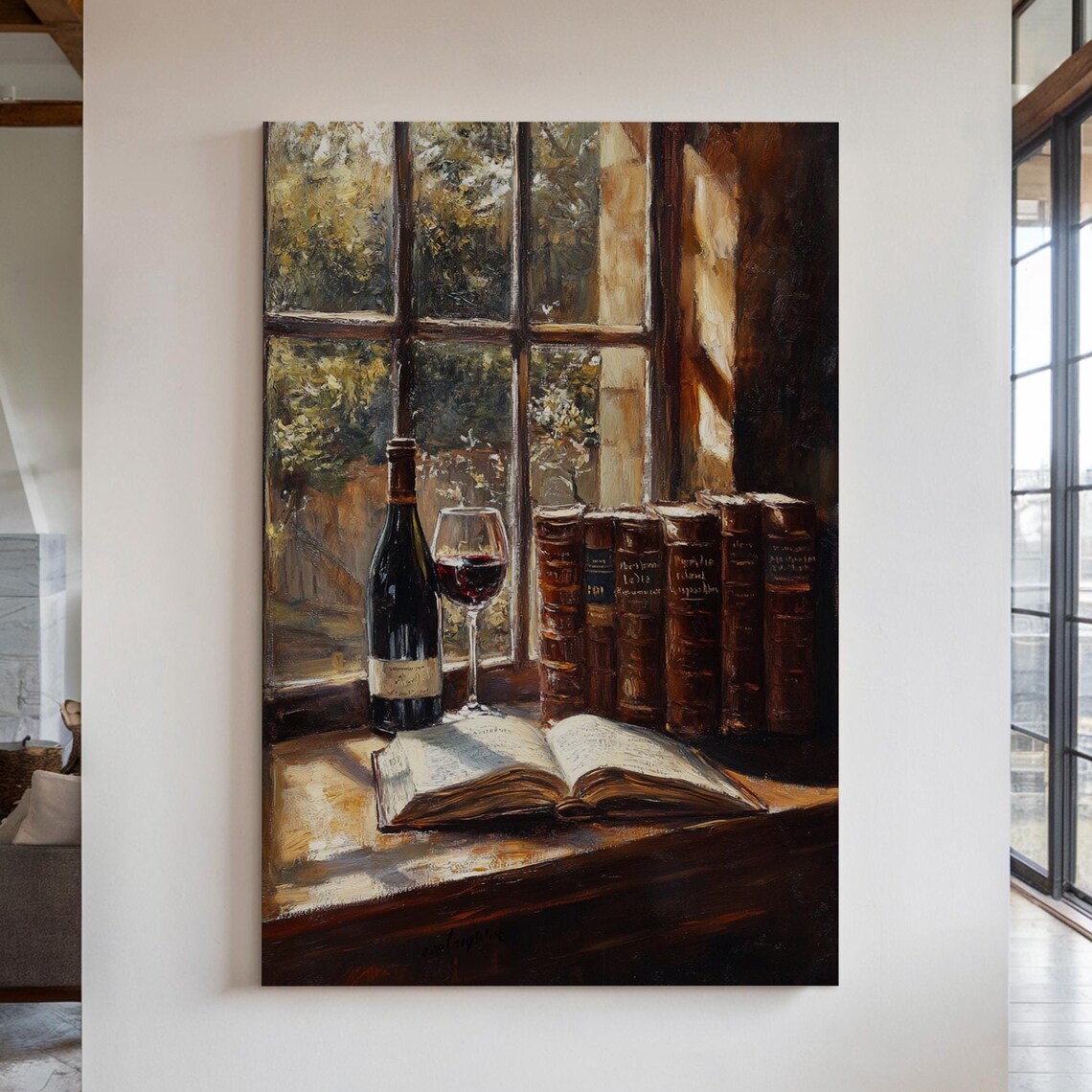 Rustic Wine Bottle and Books on Sunlit Window Sill Painting Poster