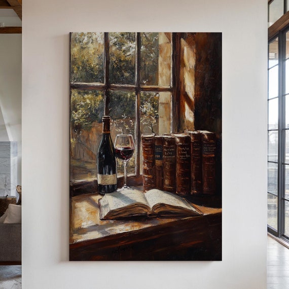Rustic Wine And Books Art Cozy Still Life With Red Wine Open Book And Sunlit Window For Library Or Dining Room Decor