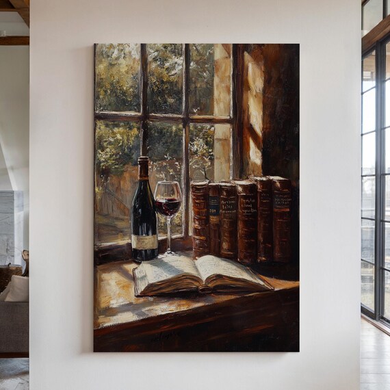Rustic Wine Bottle and Books on Sunlit Window Sill Painting Poster