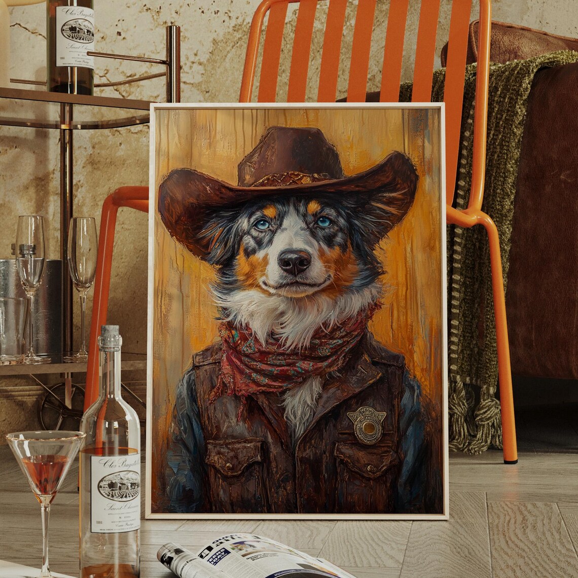 Australian Shepherd Dog Cowboy Sheriff Blue Eyes Hat Red Scarf Poster