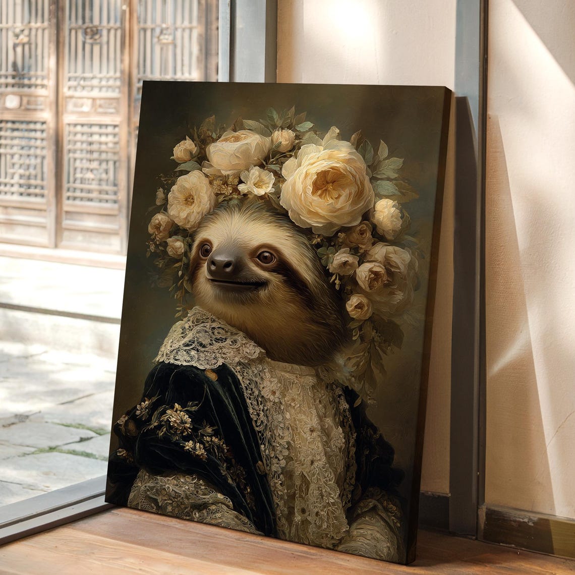 Regal Sloth Portrait With Floral Crown